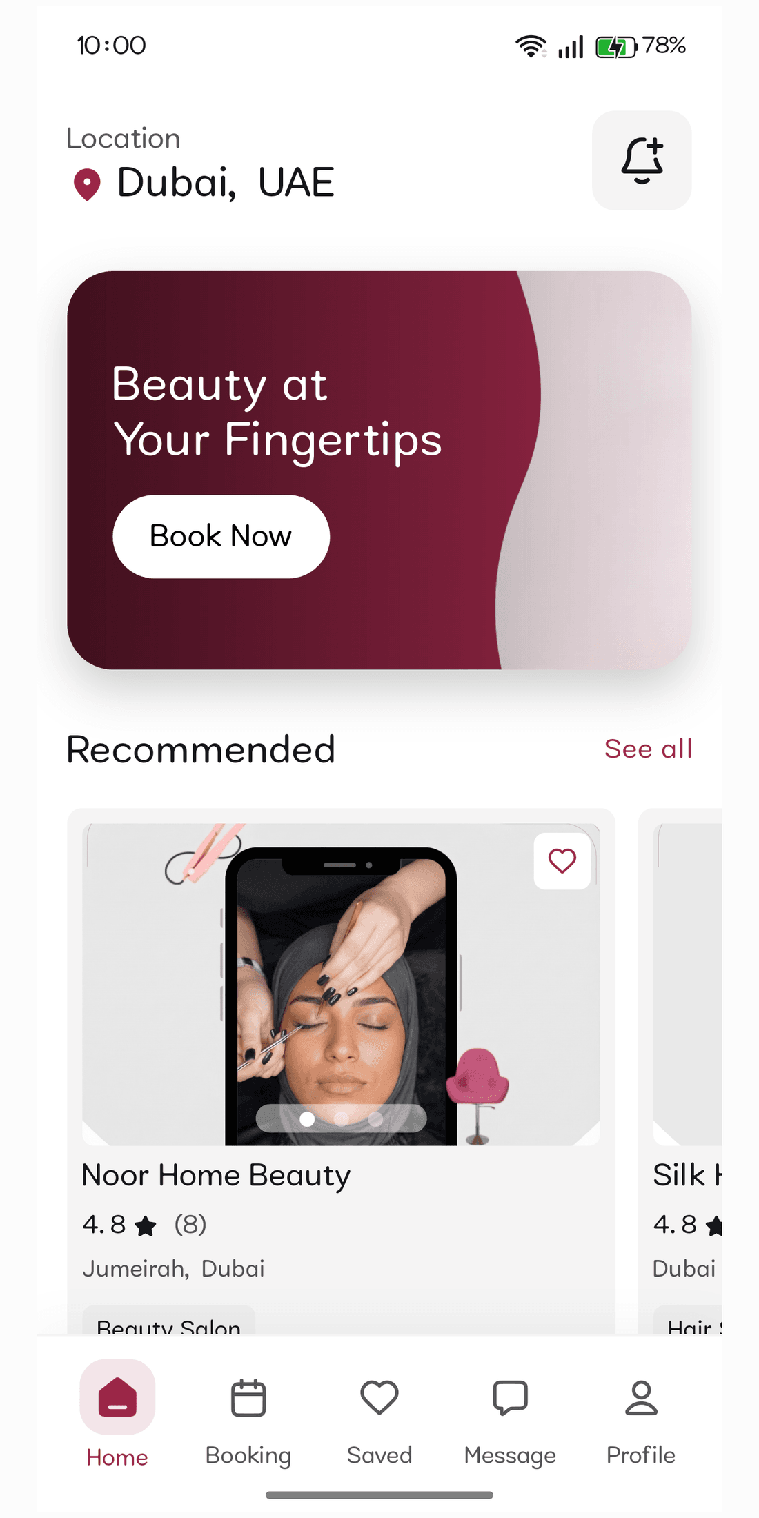 ZaynApp home screen showing beauty recommendations in Dubai