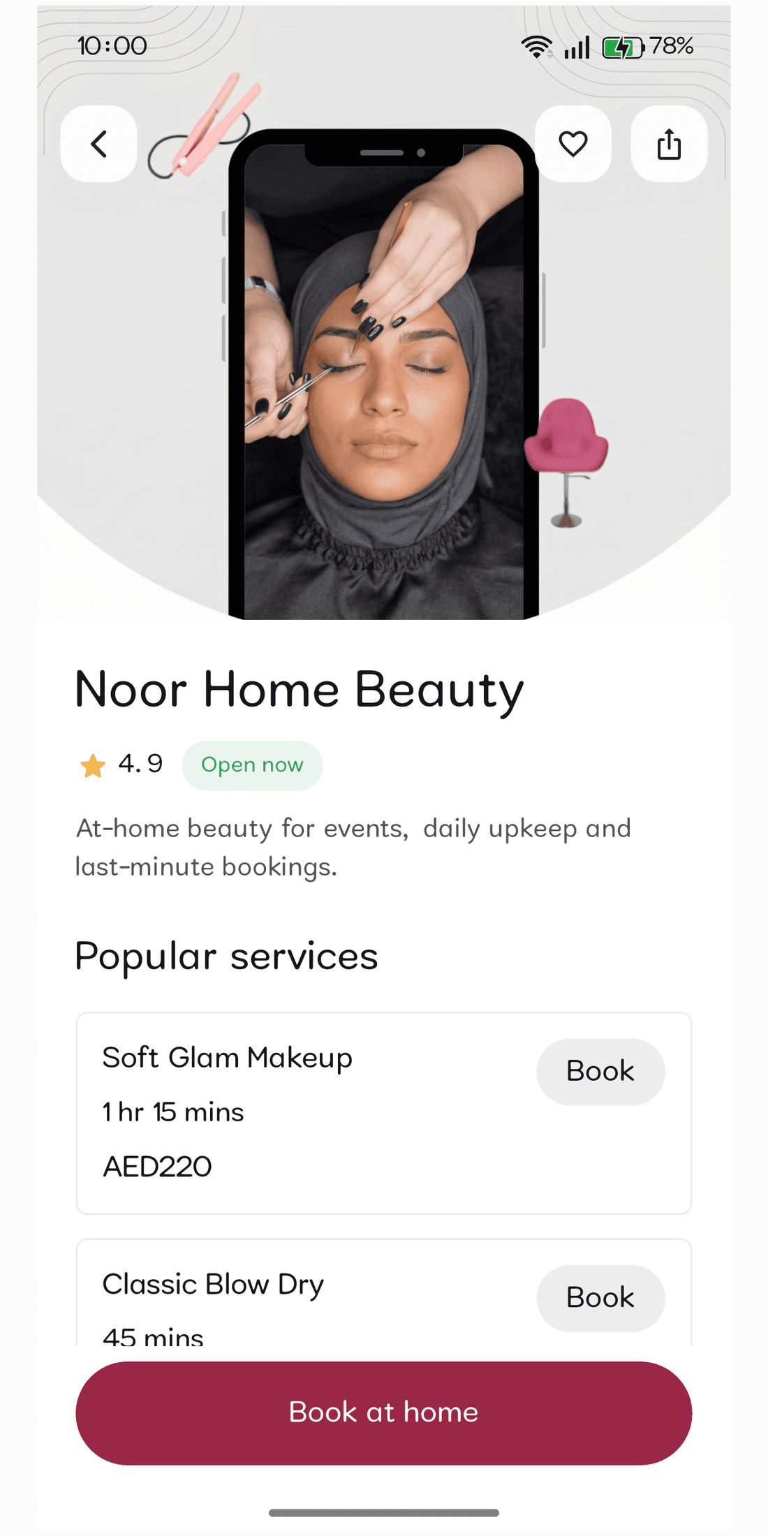ZaynApp salon page showing services, pricing, and book button