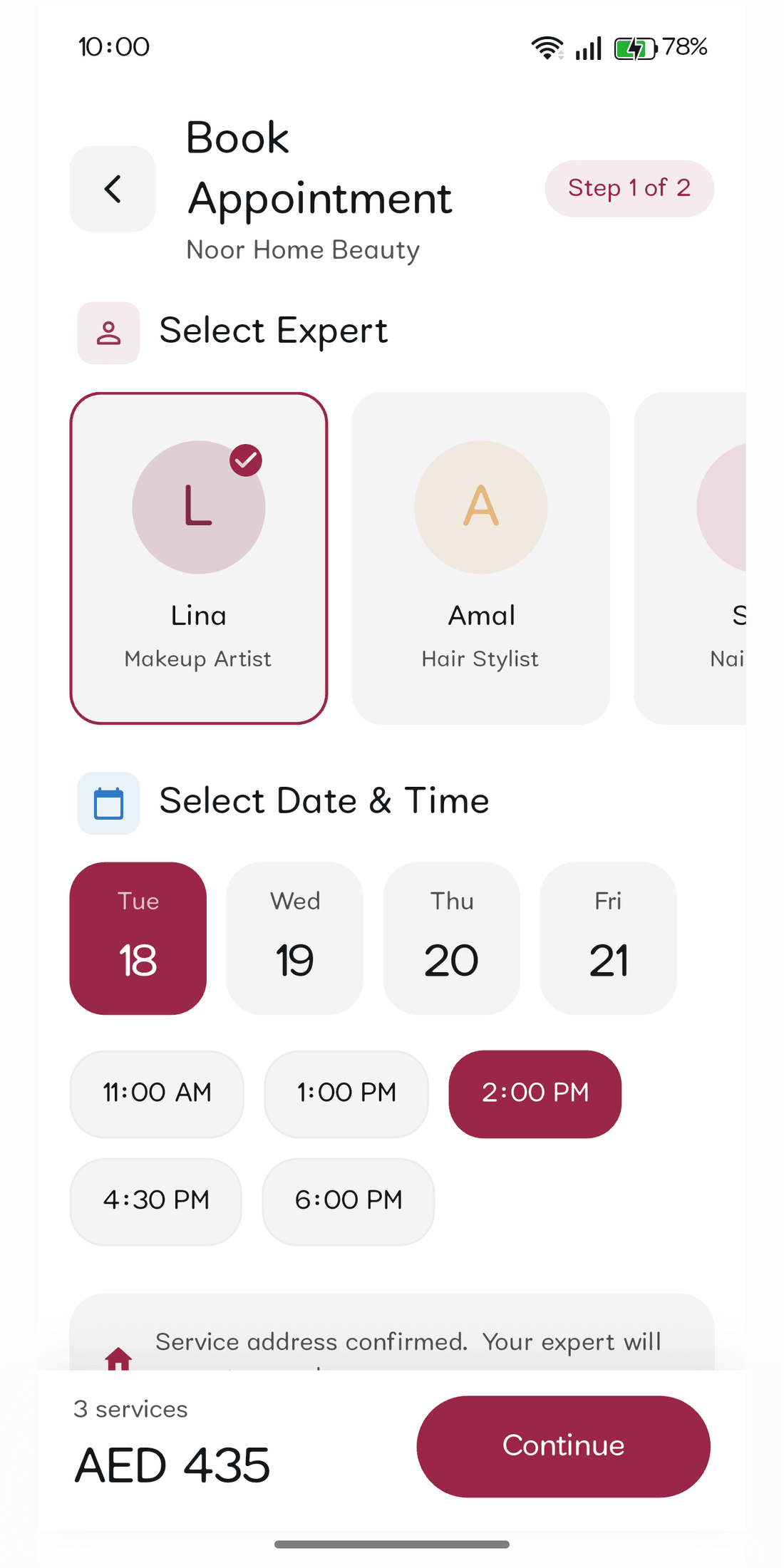 ZaynApp booking screen showing expert selection and available time slots