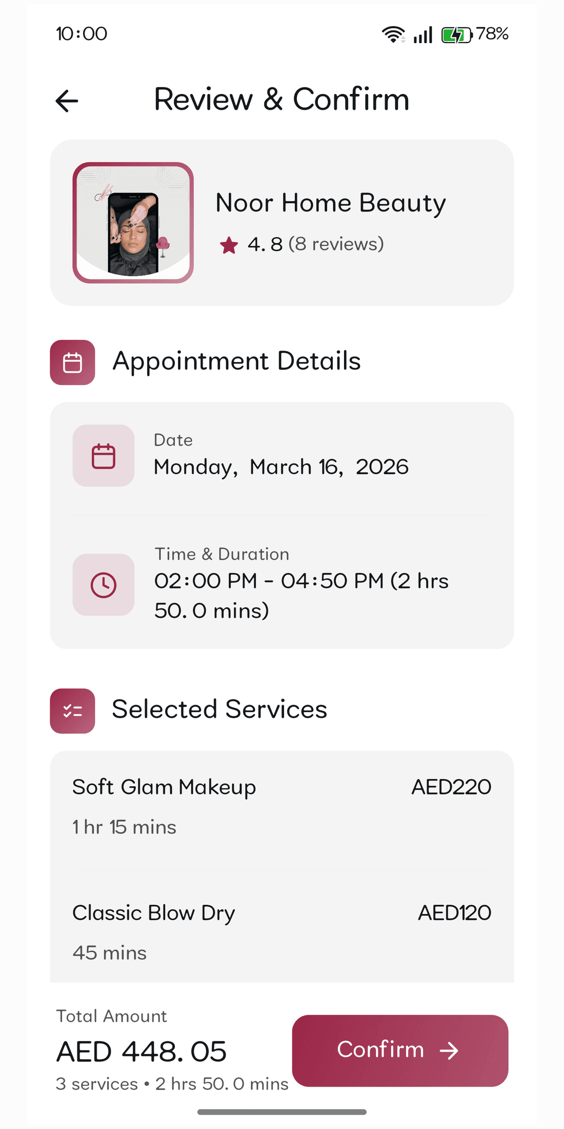 ZaynApp review and confirm booking screen