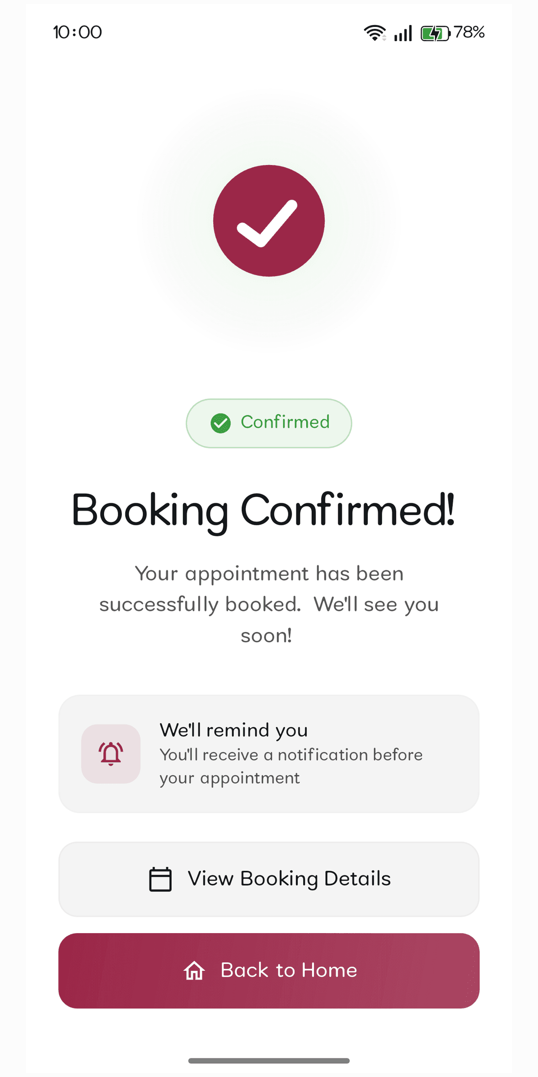 ZaynApp booking confirmed screen with reminder and booking details actions