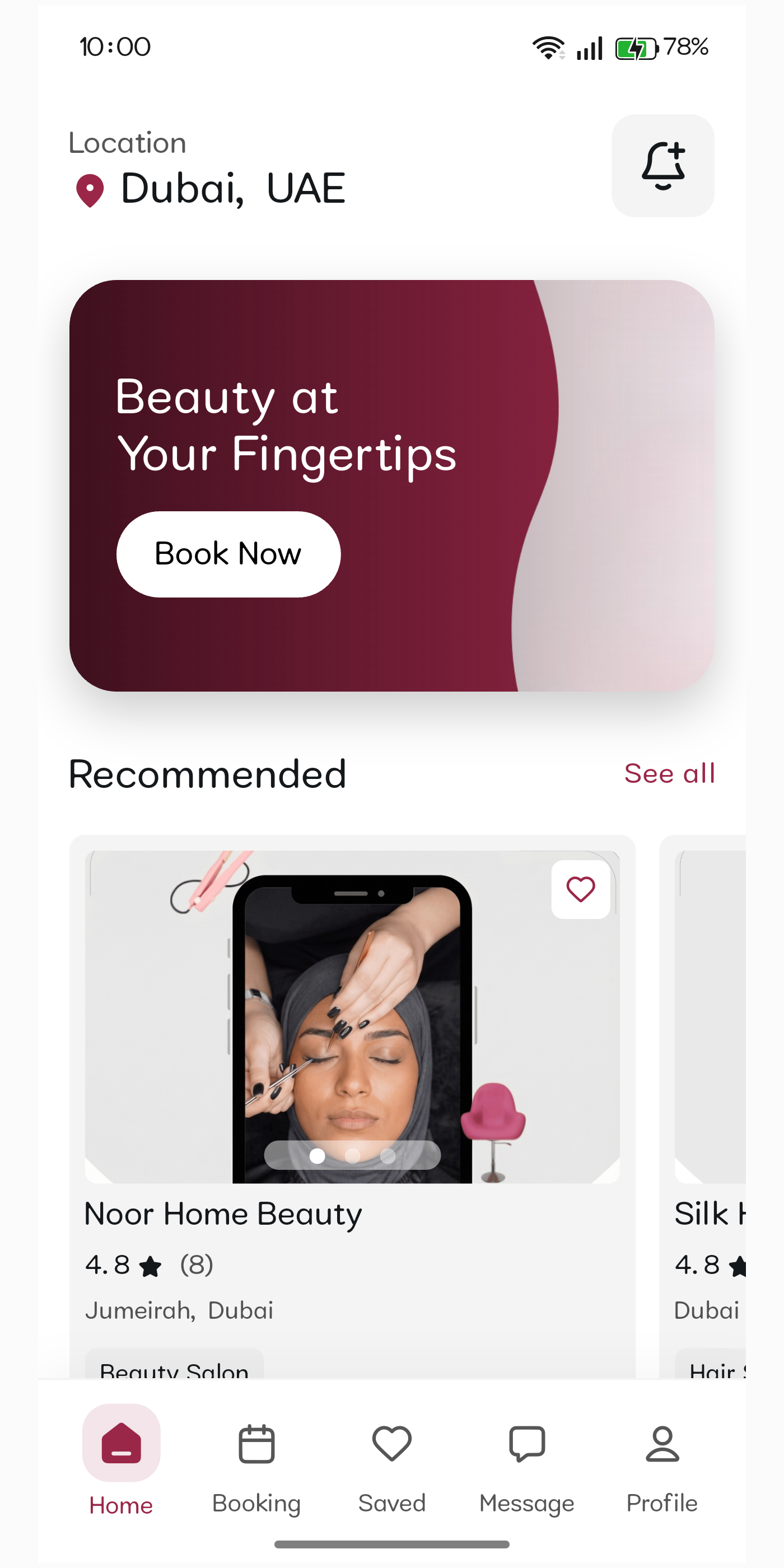 Zayn home screen showing beauty recommendations in Dubai