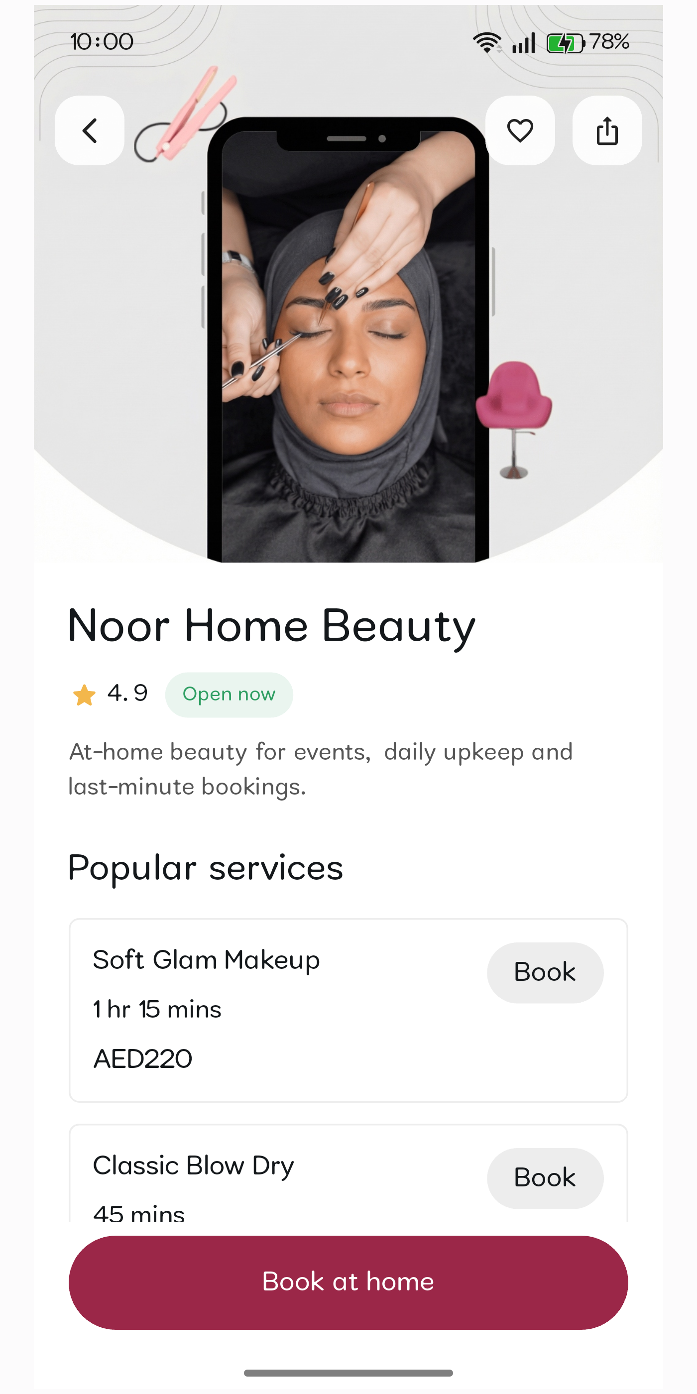 Zayn salon page showing services, pricing, and book button