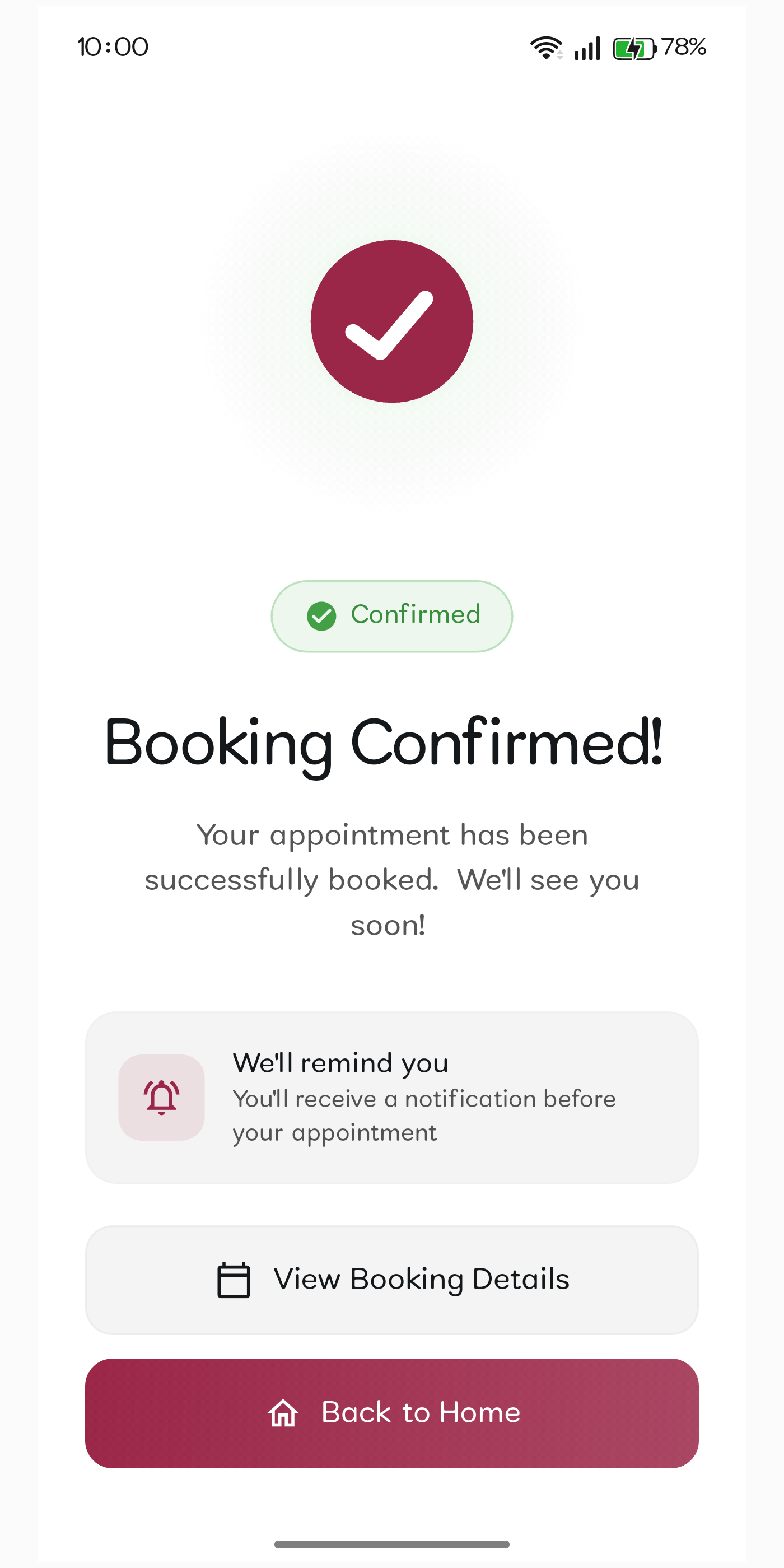 Zayn booking confirmed screen with reminder and booking details actions